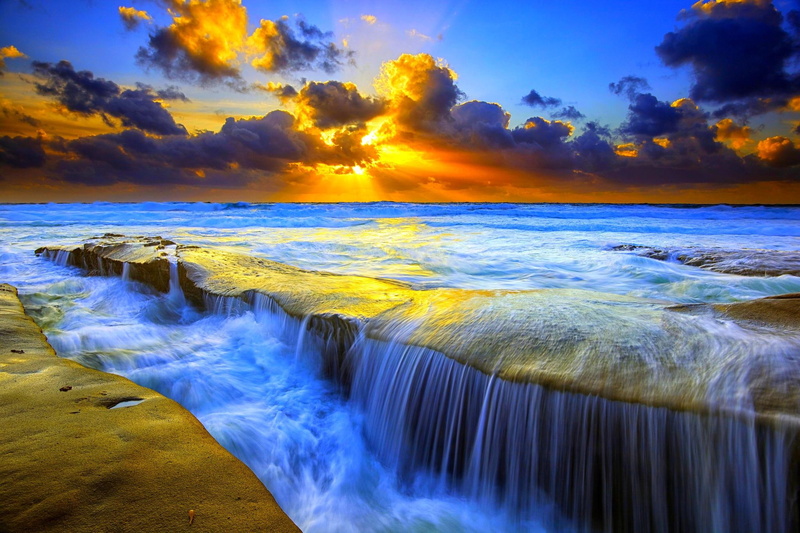 dark, flow, 1080P, nature and landscapes, water, cloudy, rays, rocks, body, skies, painting, tide, streams, clouds