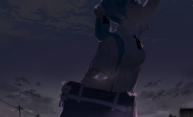 girls, hatsune, ribbons, power, teddy, bags, tears, miku, twilight, animals, aqua, anime, eyes, dark, vocaloid, lines, clouds, school, bracelets, uniforms