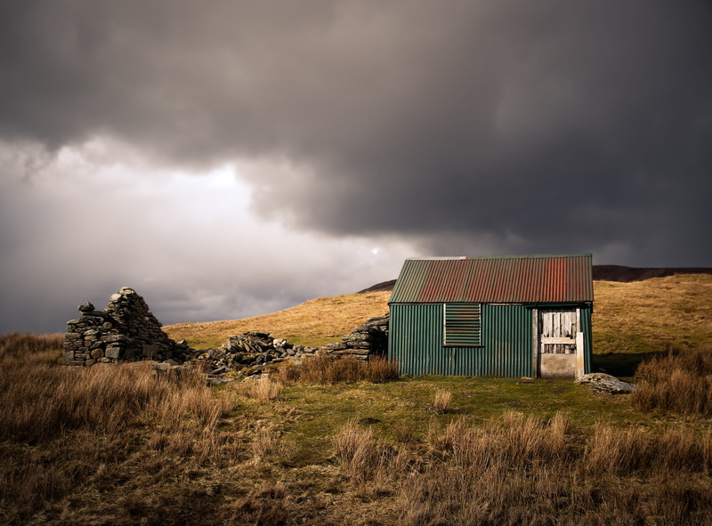 sky, moody, 4K, land, outdoors, building, house, wooden, white, dark clouds, shack, green, grass, scottish weather, field, cottage, no people, nature