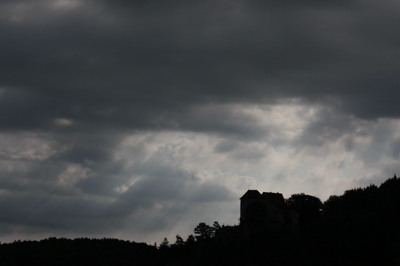 plant, storm, dusk, scenics - nature, beauty in nature, castle, sky, cloud - sky, forest, tranquility, storm cloud, low angle view, dramatic sky, tranquil scene
