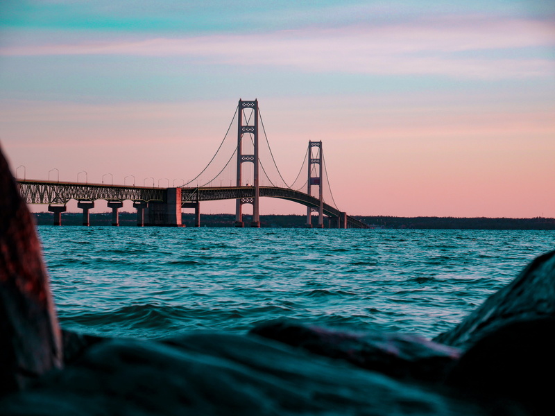 5K, body, bokeh, morning, bridge - man made structure, engineering, travel, blue, rough, long, built structure, gate, transportation, lak, mackinac, pink