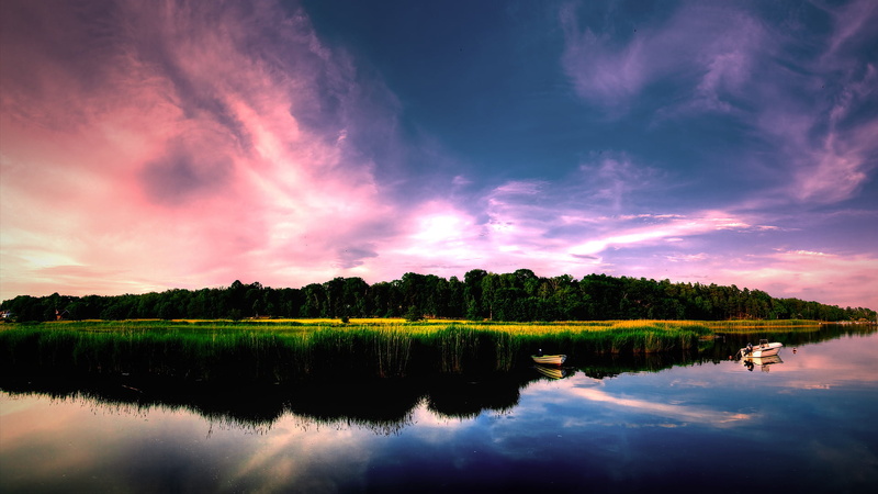 tranquility, green Color, sunlight, travel, blue, sky, land, plant, beauty In Nature, river, pond, trees, mountain, dusk, reflection, scenics, no People