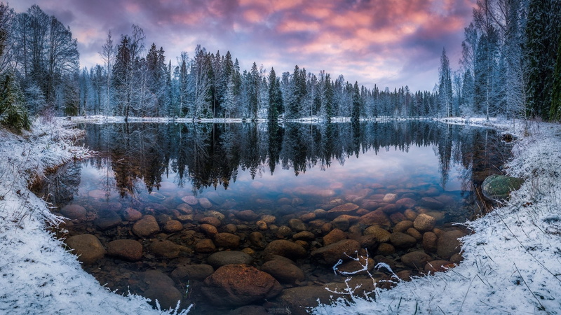 forest, reflection, landscape, hd, nature, finland, transparent, sunrise, winter, snow, water, 2K, lake, stones, morning