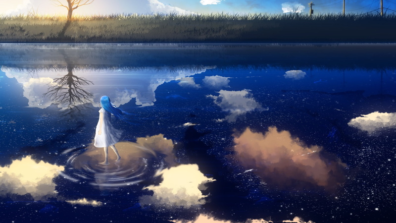 blue, lake, Anime, animals in the wild, no people, animal wildlife, river, water, anime girl, 1080P, swimming, walking on water, nature, animal, day, tree