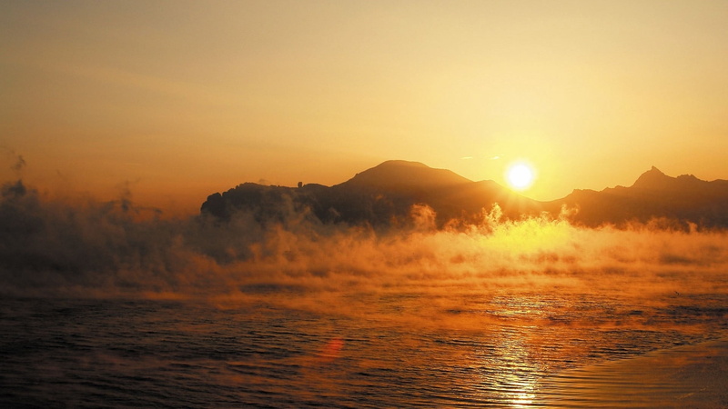 lens flare, island, dusk, sunlight, travel Destinations, waterfront, blue, mountain, sunrise - Dawn, tranquility, idyllic, summer, asia, sun, dawn, coastline