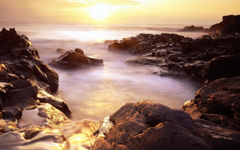solid, 720P, rock formation, sunset, flowing water, land, body, sea, non-urban scene, beach, no People, rock - Object, nature, cliff, stony coast, horizon