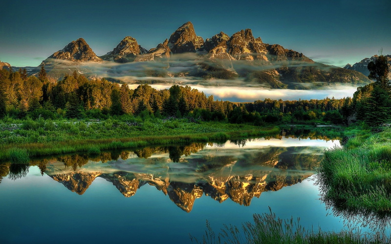 tree, pine, peaks, evaporation, standing water, non-urban scene, mountain peak, scenics - nature, nature, rocky, day, plant, lake, calm, hd, beautiful