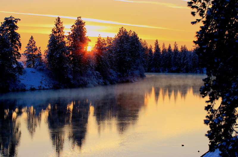 the sun, trees, river, evaporation, winter, 4K, snow, Bank, the sky, sunset