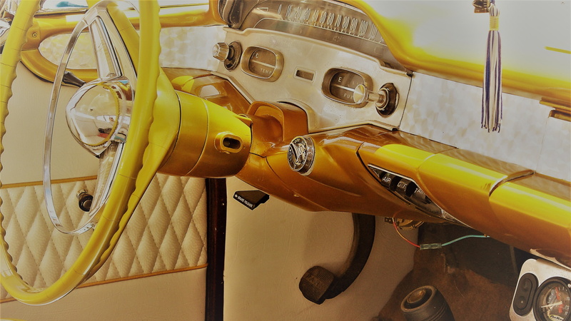 yellow car, new mexico, nostalgia, motor vehicle, ignition, classic car, vintage, antique car, style, steering wheel, transportation, car interior, airplane