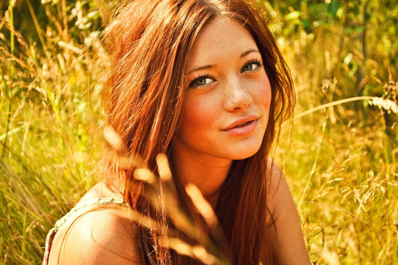 1080P, Lindsay Hansen, face, model, open mouth, long hair, anime, blue eyes, field, women outdoors, filter, freckles, redhead, grass, women
