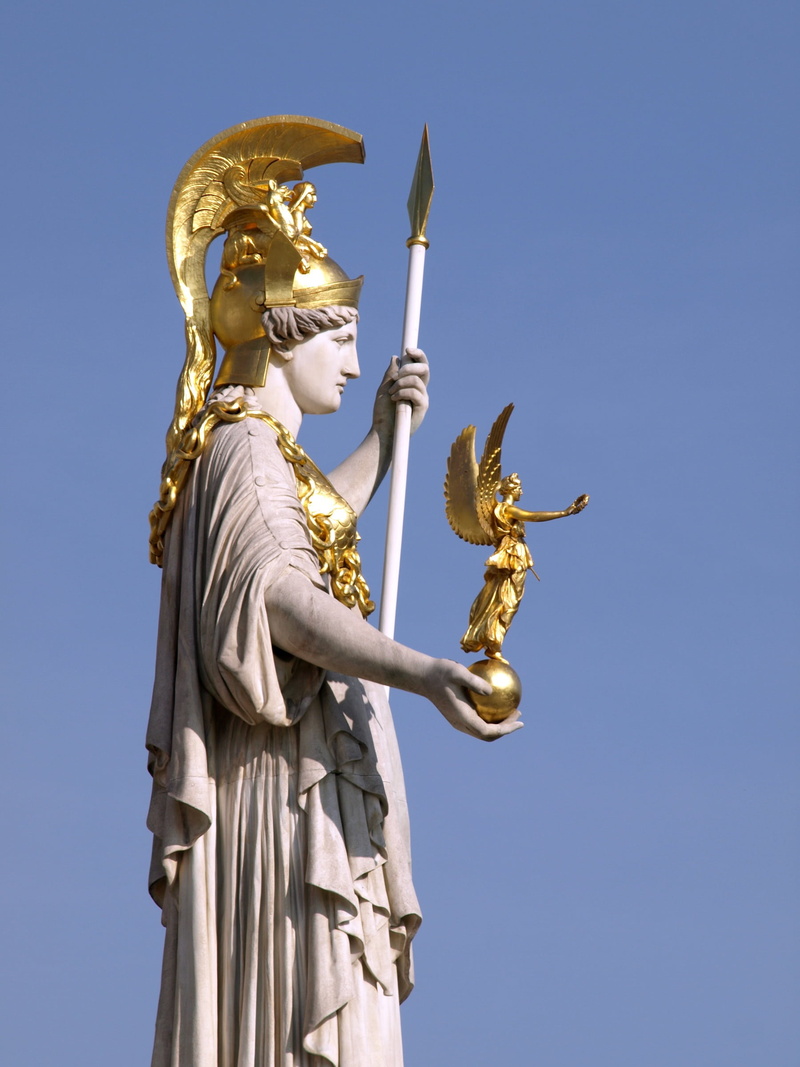 holding, clear sky, blue, sculpture, statue, gold colored, wisdom, angel, sky, pallas-athene fountain, art and craft, male likeness, nature, no people