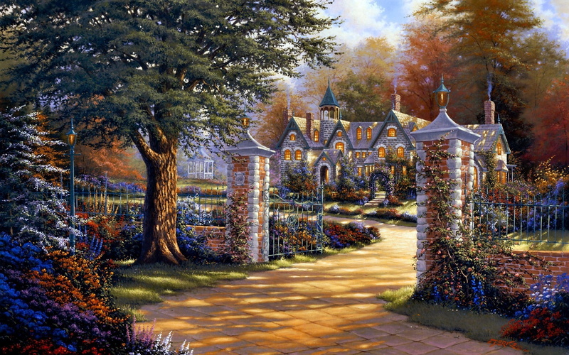 Fall, Trees, flowers, autumn, paintings, buildings, artistic, houses, hansen, 1080P, derk, seasons, architecture, roads, colors