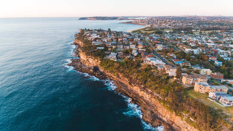 rocks, 4K, land, phantom4, birdseyeofhouses, cliff, outdoors, sea, ocean, nature, high angle view, scenics - nature, waves, dee why, architecture, residential district