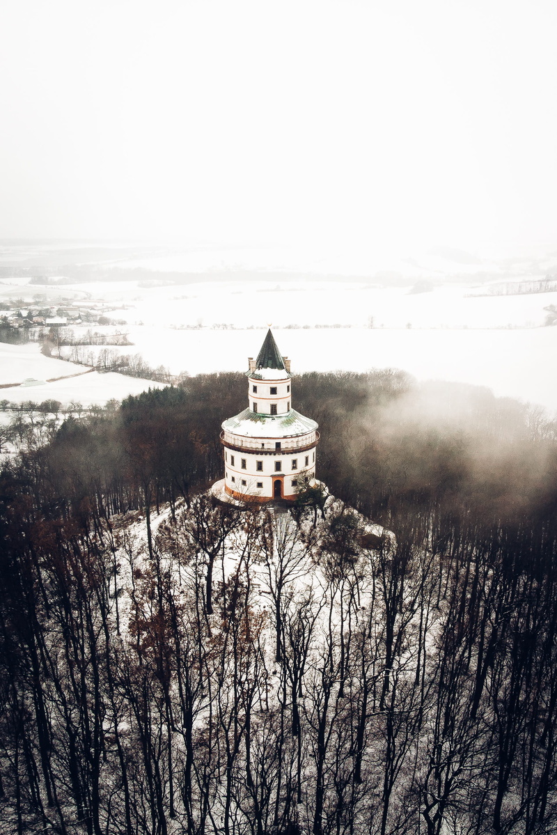 sky, sobotka, steeple, scenery, tranquility, lighthouse, weather, plant, building exterior, view, outdoors, concrete, tree, day, cold temperature, birdseye
