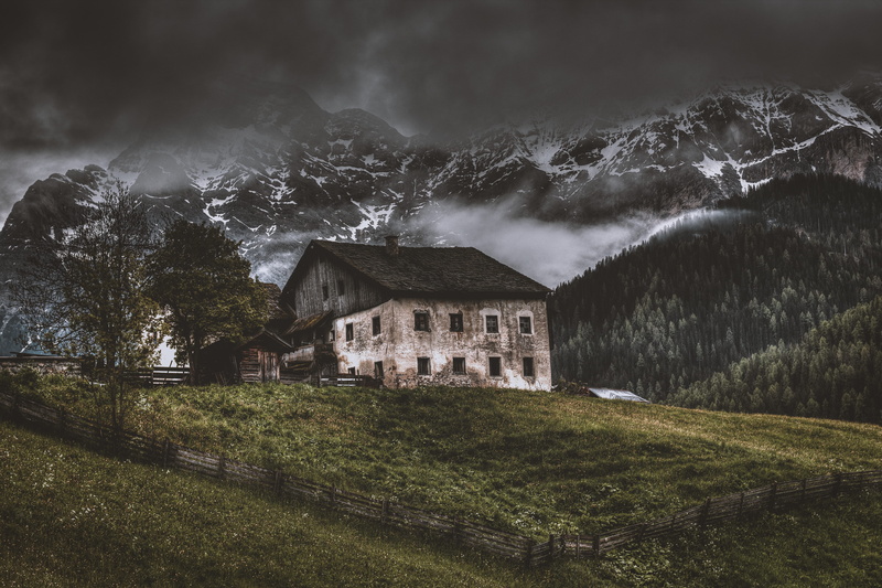 no people, history, mountain, top, built structure, concrete, building, the past, clouds, outdoors, cottage, cloud - sky, house, dark, architecture, cloud
