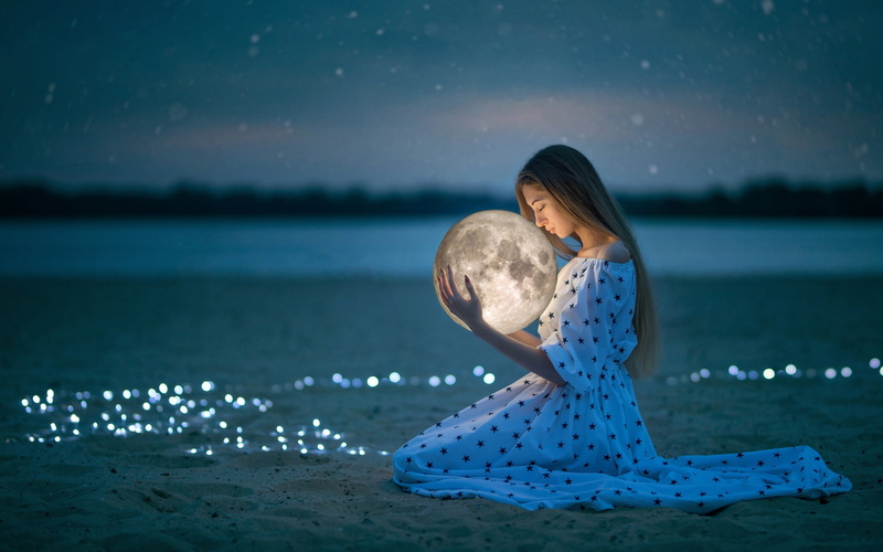 Photography, Long Hair, Girl, Moon, Sand, Mood, 1080P, Brunette, Night, Dress, Manipulation