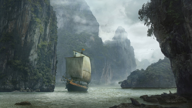travel, beauty in nature, passenger craft, boat, solid, mountain, sailing ship, non-urban scene, rock, flowing water, water, forest, 1080P, mode of transportation