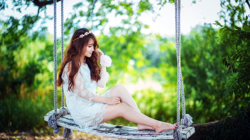 tree, trees, 1080P, brown hair, white dress, one person, emotion, dress, swings, women, fashion, long hair, adult, happiness, ropes, barefoot, see-through clothing
