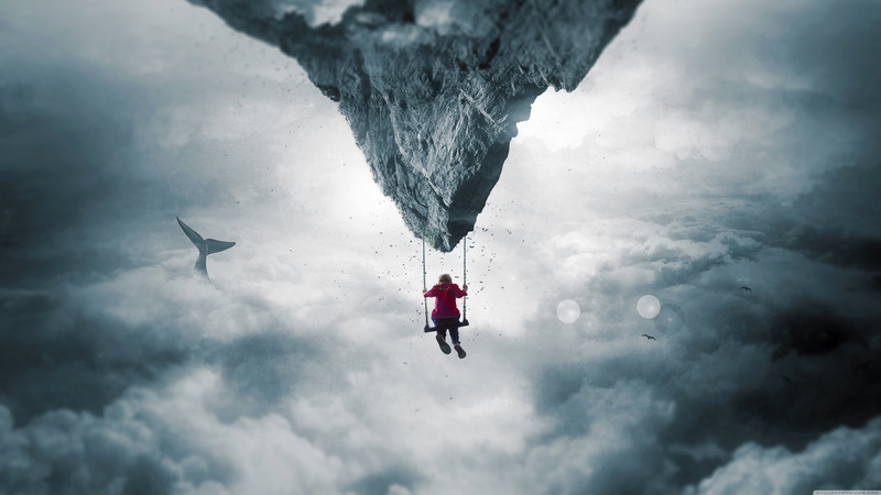 floating island, 5K, rope swing, clouds