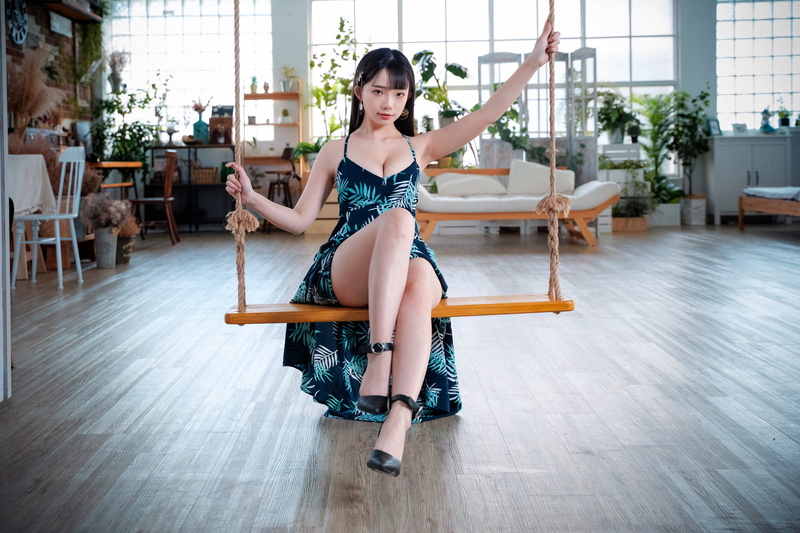 chair, plants, cleavage, women indoors, flower dress, Asian, Ning Shioulin, window, table, model, long hair, earring, shelves, 4K, hairpin, rope swing