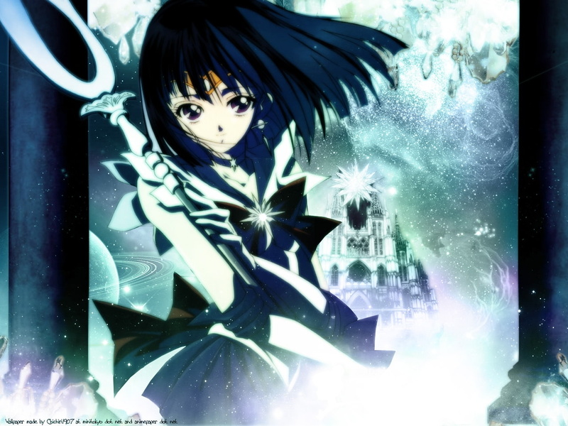 senshi, uniforms, space, bishoujo senshi sailor moon, bishoujo, hd, saturn, moon, Sailor Saturn, art, 720P, staff, moons, hair, blue, Blue hair, sailor