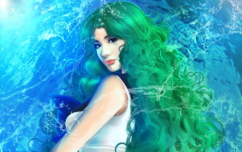 girl, Sailor Neptune, green hair, 1080P, Kaiou Michiru, Bishoujo Senshi Sailor Moon, water