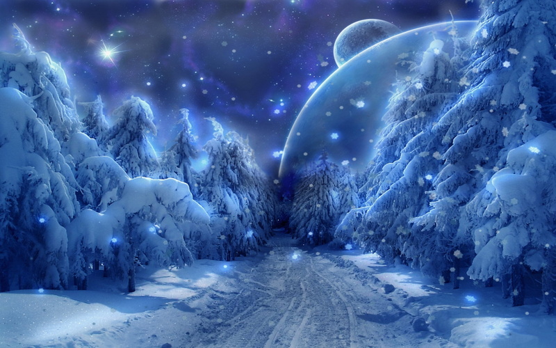 hd, fantasy, desktop, laptops, landscape, pine, sky, tree, ultra, cover, snowy, trees, planets, 4K, snow, mobile, winter, star, phones