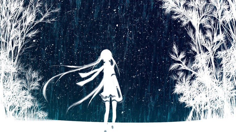 hair, snow, hd, trees, highs, vocaloid, silhouette, thigh, art, twintails, dark, long, hatsune, 1080P, miku, white, skirts, nature, Winter