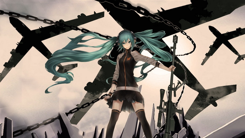 snipe, weapons, girl, headphones, nature, long, art, aircrafts, rifle, hd, hatsune, sky, vocaloid, guns, 720P, skirts, hair, miku