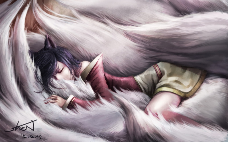 bed, lying down, resting, fox girl, eyes closed, 1080P, people, Ahri (League of Legends), headshot, indoors, mammal, women, blurred motion, sleeping, fantasy art