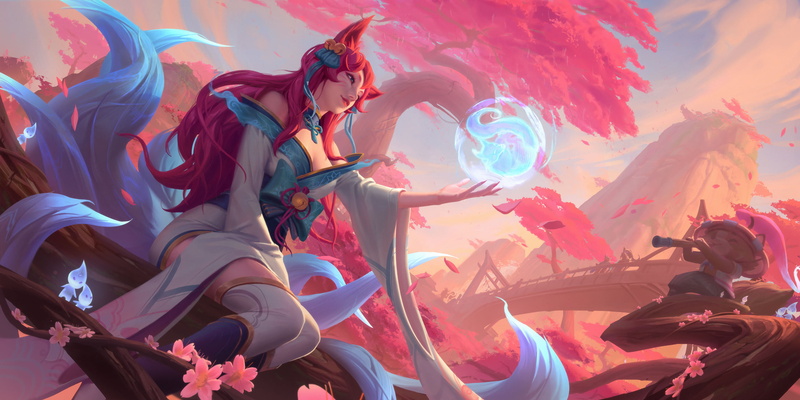 Ahri (League of Legends), fantasy art, fox girl, kimono, sitting, video game characters, pink hair, illustration, nine tails, fantasy girl, fan art, League of Legends