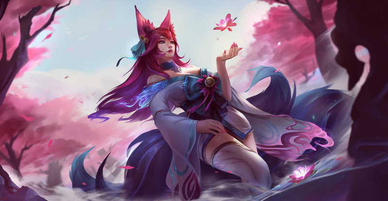 bare shoulders, digital art, pink hair, video game characters, fan art, drawing, video game girls, fantasy girl, kimono, bangs, video games, nine tails