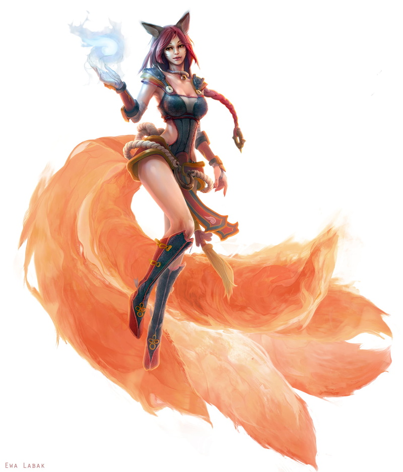 floating, women, Ewa Labak, fox girl, black clothing, white background, Ahri (League of Legends), dress, simple background, drawing, nine tails, ropes