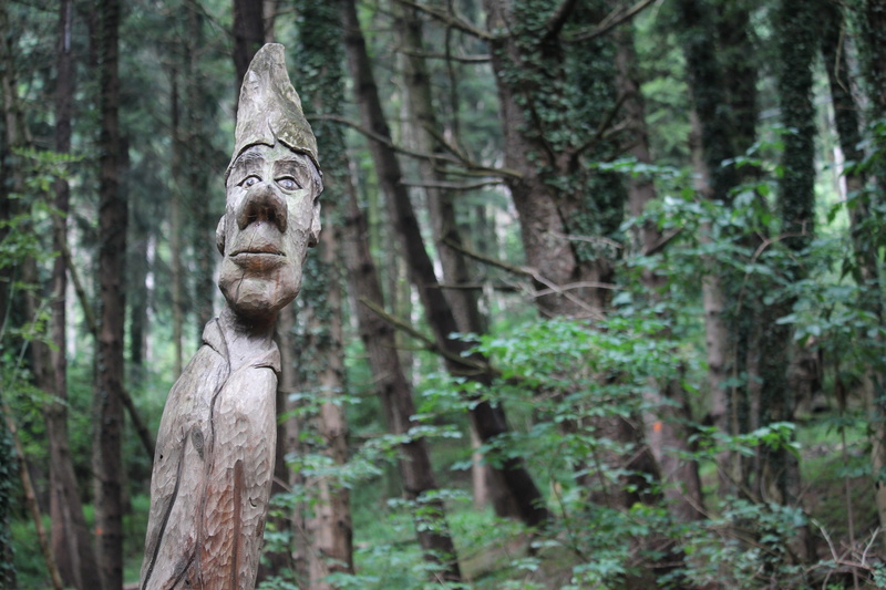 no people, nature, atmosphere, carving, wood, tree trunk, green color, magic, art, day, plant, woodland, legend, representation, elf, land, hat, trunk