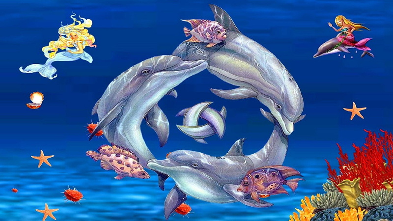 fairytale art, dolphin, water, invertebrate, group of animals, fantasy art, no people, marine, mermaid, fish, fairytale, swimming, 1080P, vertebrate, animal