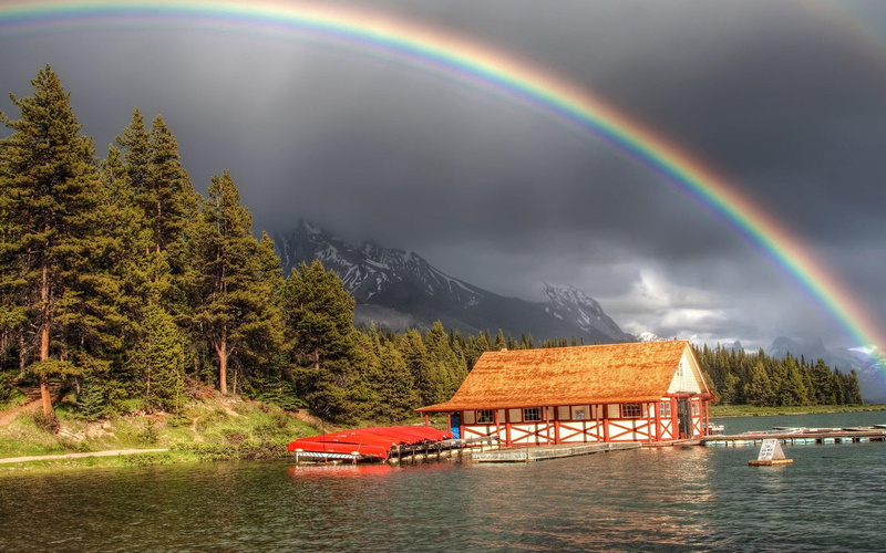 1080P, rainbow, nature, over, lake