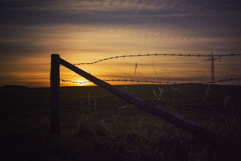 scenic, nature, horizon, barrier, wooden post, land, cloud - sky, autumn, security, field, mood, fence, no people, sky, tranquility, sunset, environment
