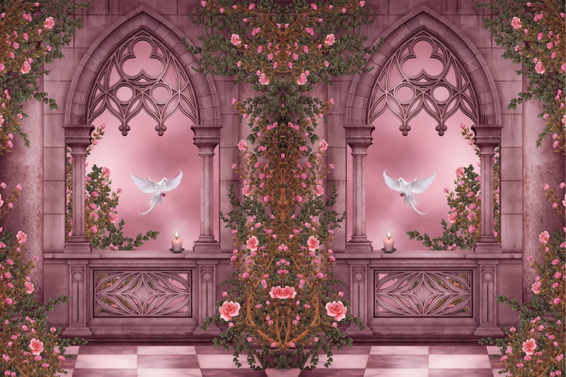 Vine, White, Artistic, Candle, Arch, Dove, Pigeon, Gothic, 1080P, Rose, Bird, Fantasy, Pink, Garden, Columns