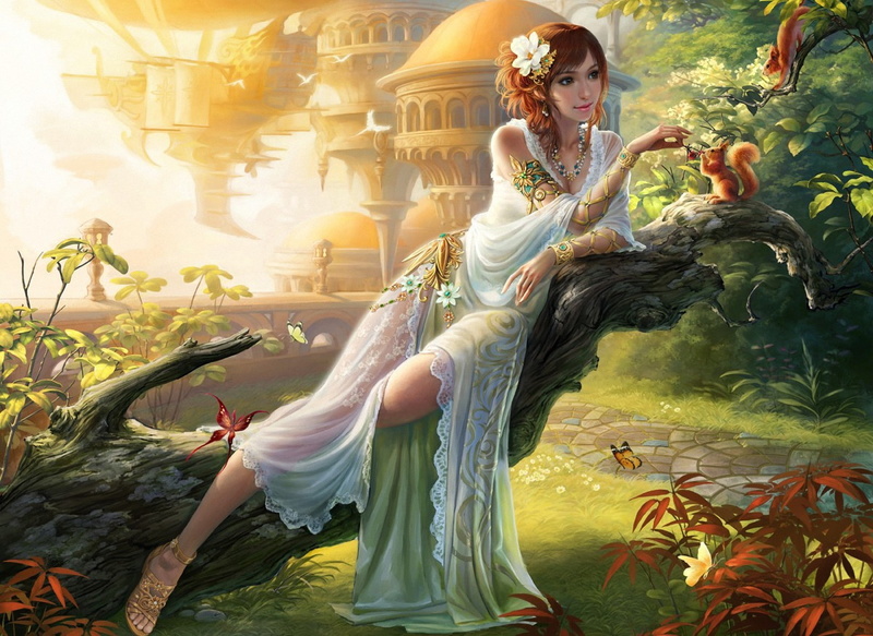 decorations, trunk, girl, tree, garden, fantasy, art, flowers, proteins, berries, city, walkway, butterfly, 1080P, feeding