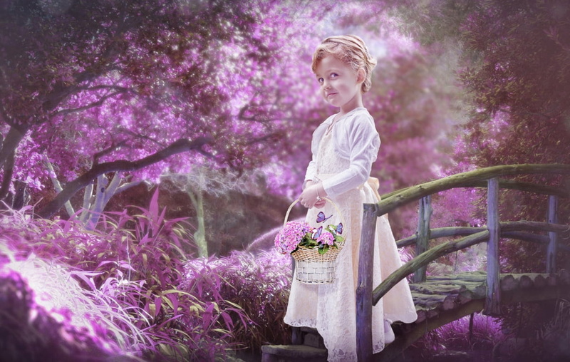 plant, little girl, basket, women, looking, copil, flowering plant, flower, spring, three quarter length, tree, child, fantasy, innocence, girl, hair, females