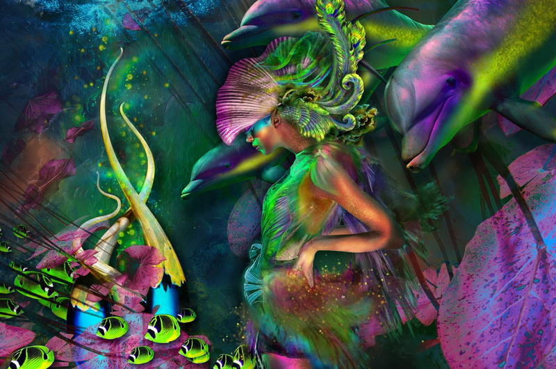 girl, dolphin, 720P, fantasy, fish, summer, Garden of dreams, green, pink, katherine gray