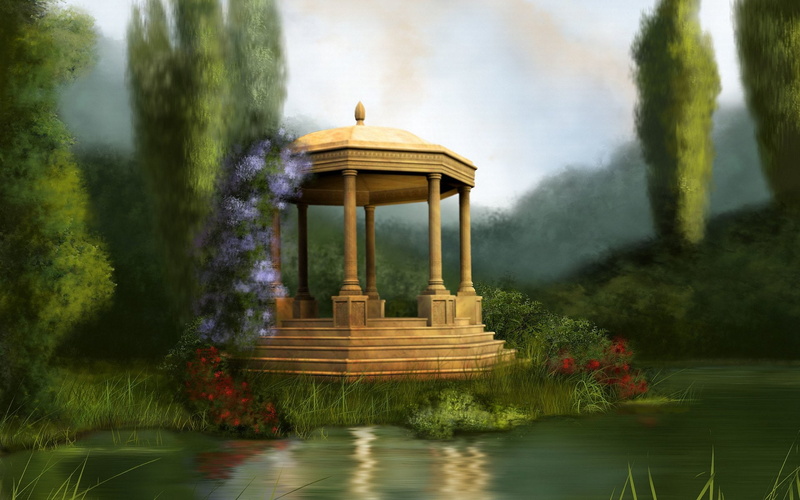 Gazebo, Garden, Dreamy Gazebo, Fantasy, Flower, Artistic, 1080P, Park