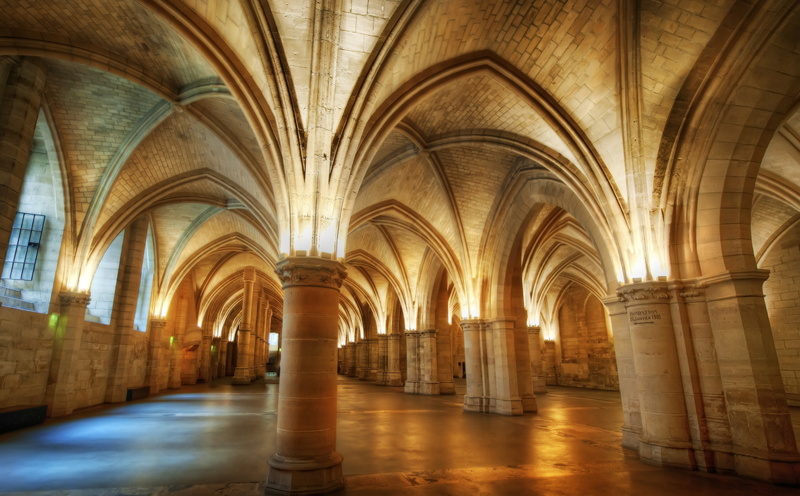conciergerie, travel destinations, Paris, arcade, illuminated, gothic style, la conciergerie, spirituality, ceiling, arch, pillars, Europe, tourism, religion