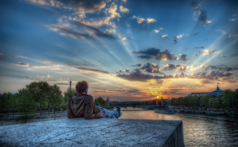 outdoors, lifestyles, adult, cloud - sky, France, beauty in nature, looking at view, rear view, scenics - nature, hood - clothing, water, one person, men