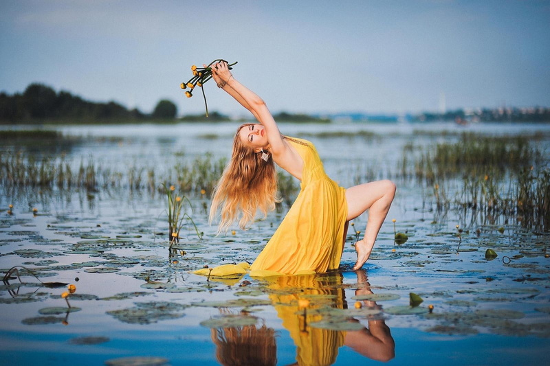 yellow, woman, 720P, blonde, nymph, lake, dress