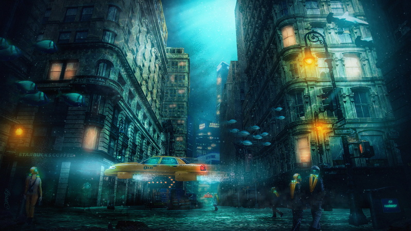 Sci Fi, City, Underwater, Building, Taxi, 4K