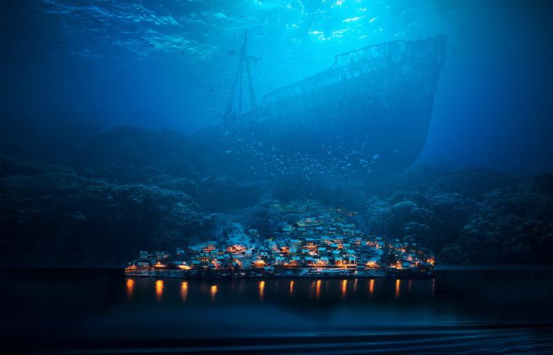 City, 2K, Digital art, Fishes, Underwater, Abyss