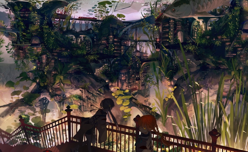 braided hair, anime girls, underwater, village, 2K, leaves, fence, fantasy city, tropical, stairs