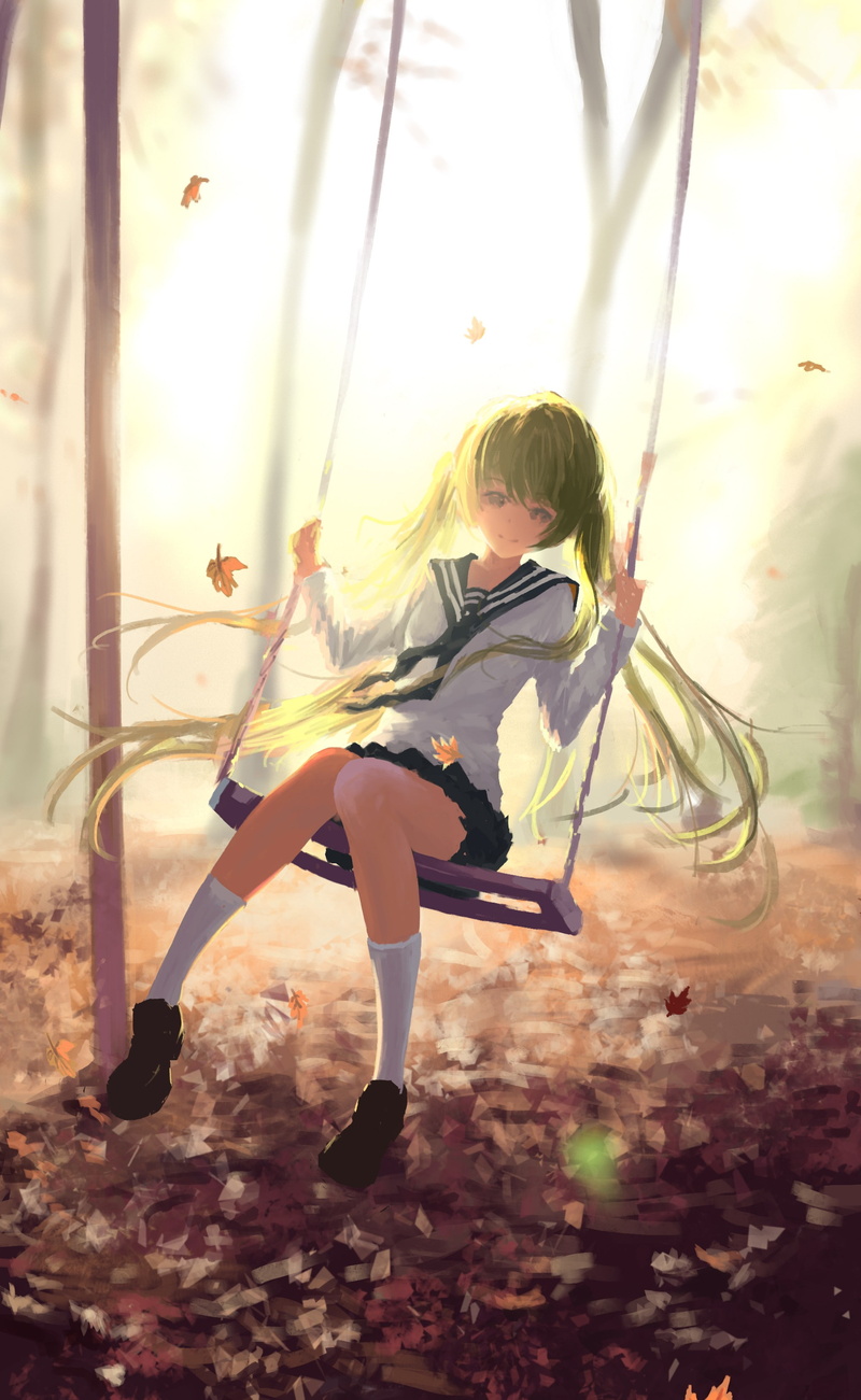 motion, clothing, skirt, Vocaloid, lifestyles, hairstyle, outdoors, sport, full length, 2K, leisure activity, casual clothing, nature, swings, sheet, sunlight