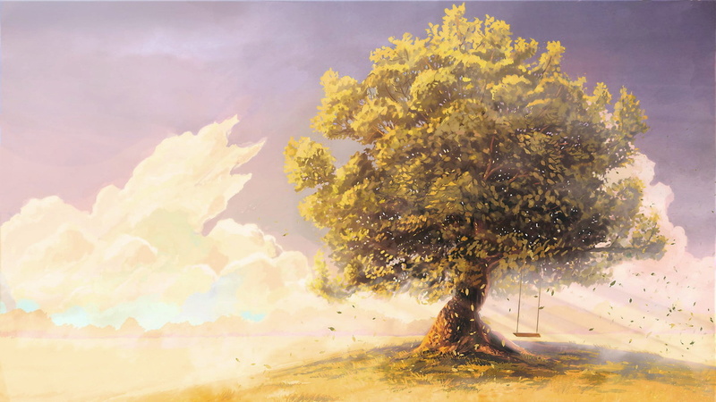 clouds, fantasy art, trees, swings, artwork, 1080P